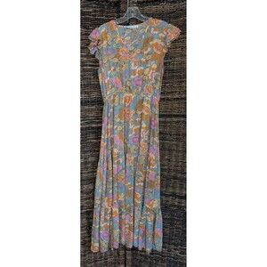 Rusttydustty Tiered Floral Midi Maxi Dress Women's Small  Blue Pink Boho Ruffles